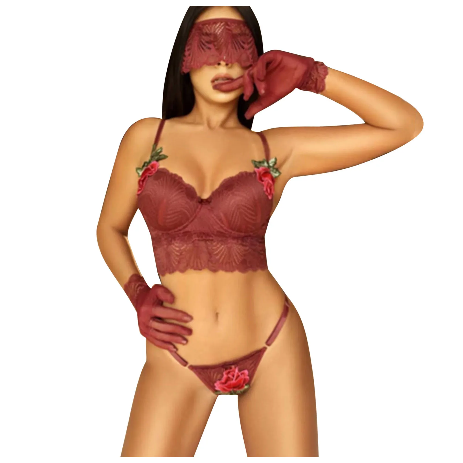 

Женское сексуальное однотонное нижнее белье с кружевными ресничками, комплект из 5 предметов, Эротическое нижнее белье, нижнее белье, нижне...