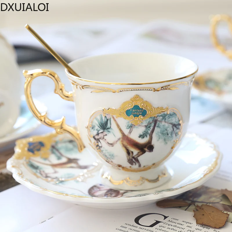 

Jungle ceramic coffee cup European style coffee cup and saucer set household light luxury afternoon tea tea cup with spoon 220ML