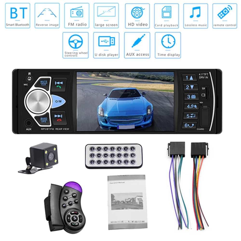 

4.1 inch HD Multimedia Car MP5 Player In-Dash Bluetooth Hands-free Calling Vehicle FM Radio 4022D Reverse Image Rear Camera