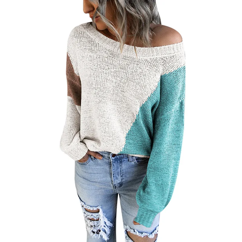 

Winter Women Sweater Colorblock O Neck Loose Fine Yarn Knitted Loose Pullover Sweater Lady Tops Casual Fashion Blouse