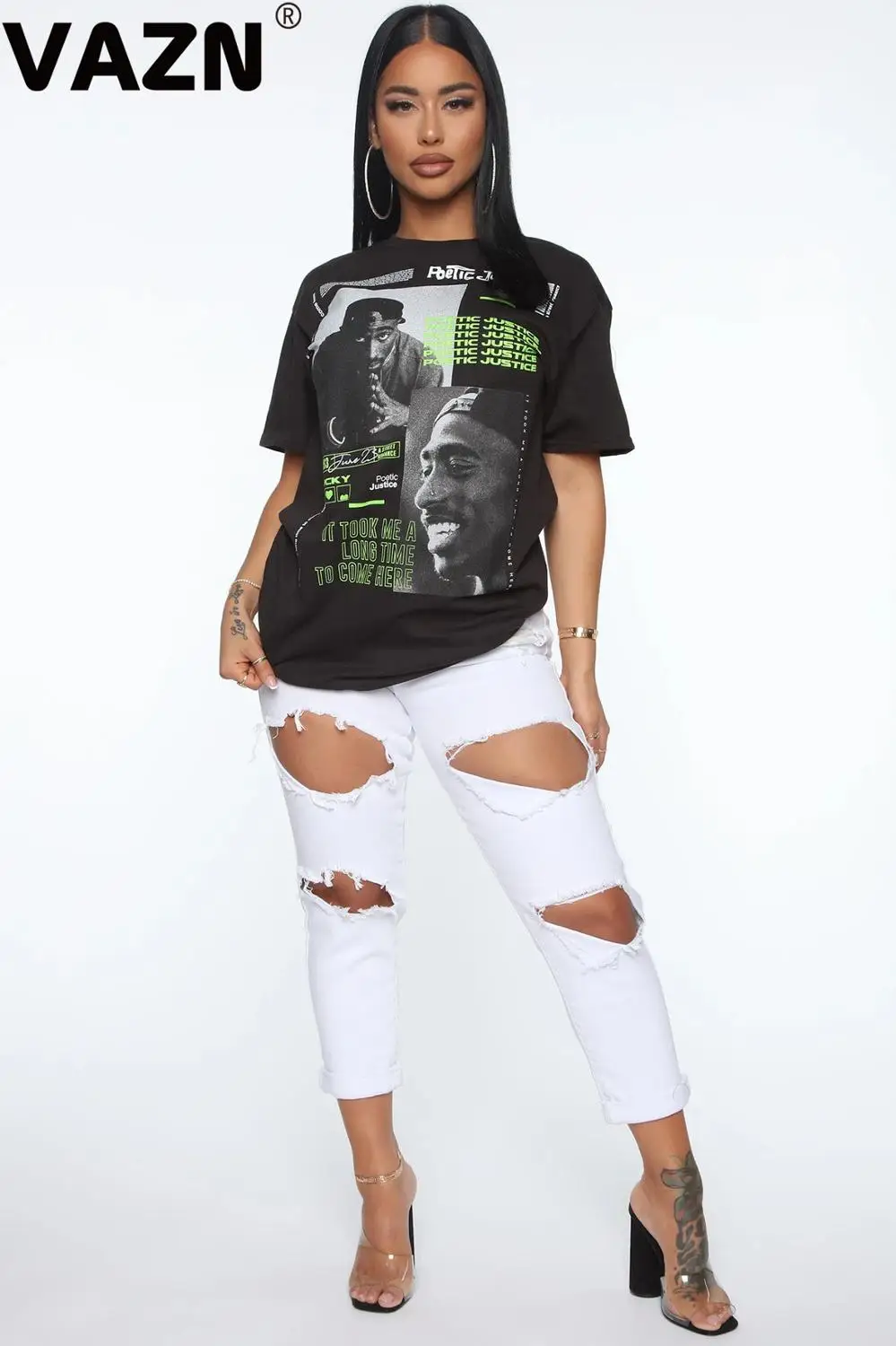 VAZN Popular 2020 summer sexy lady black oragne character print mini dress short sleeve O-neck T shirt young casusal | Женская одежда