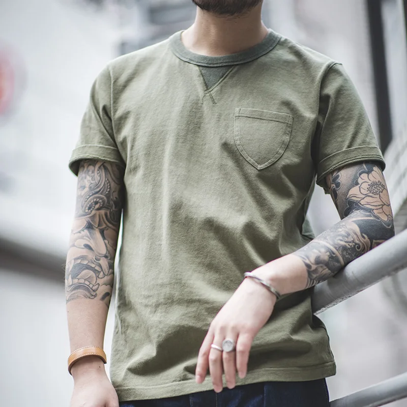 

Maden Summer New Solid Male T-shirt 100% Cotton Retro Army Green Simple Round Collars Pocket Short Sleeves Amekaji Men T-shirt