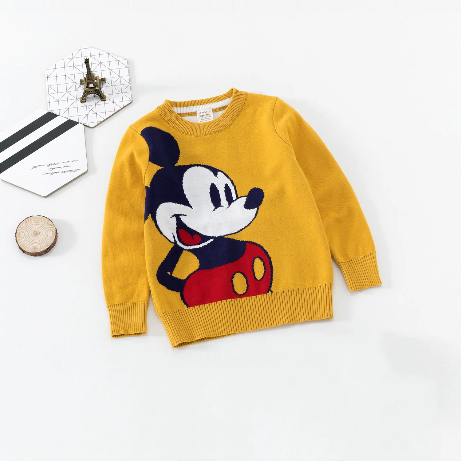Теплый свитер для маленьких мальчиков осенне-зимние детские двухслойные вязаные свитера с рисунком Микки Мауса Для девочек милые топы