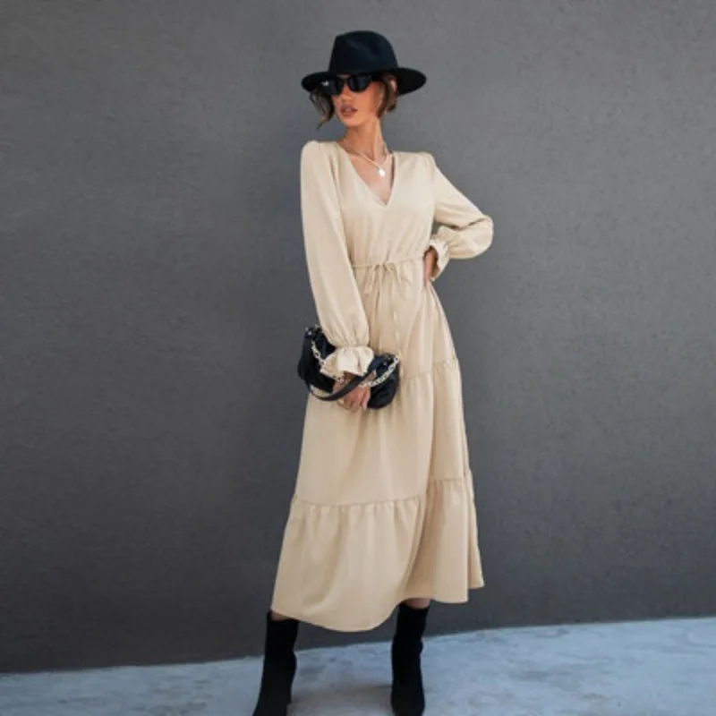 

ZOGAA Dress Women Autumn Winter New Solid Waisted V-neck Long-sleeved All-match Loose Female Fashion Casual Chic Elegant Youth