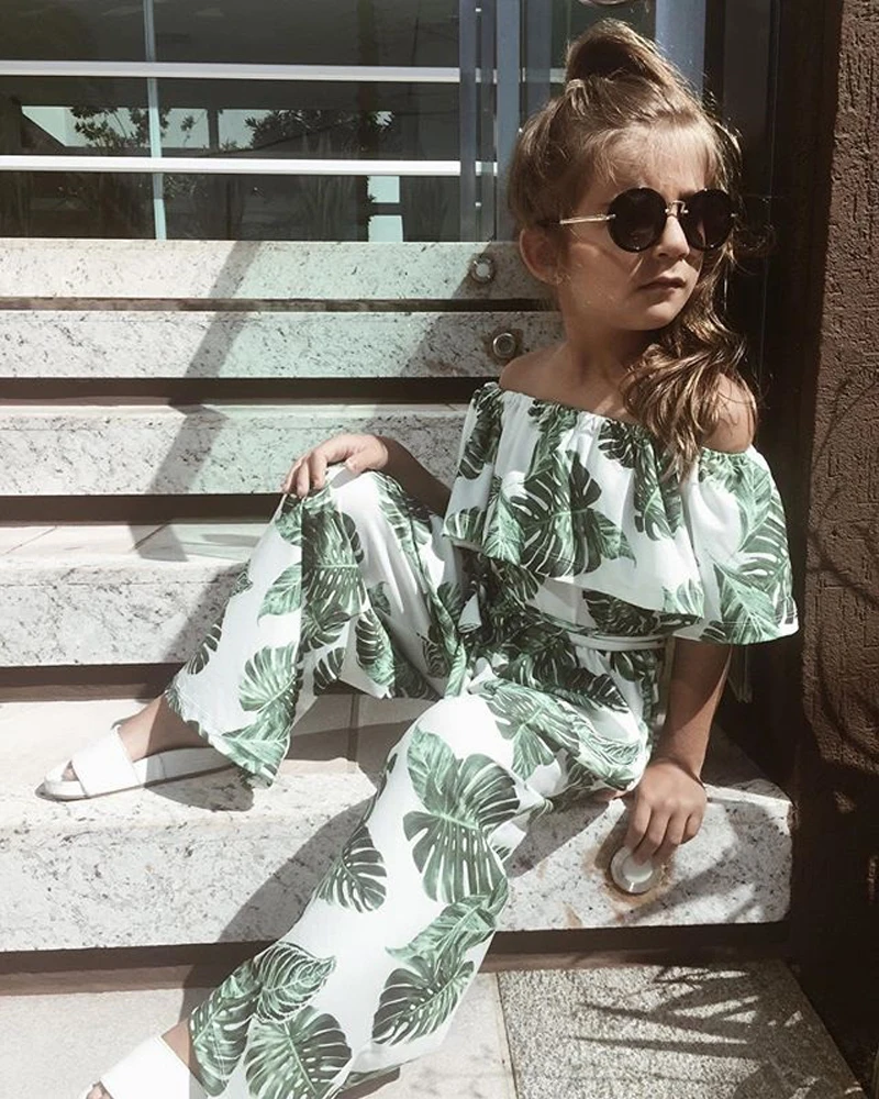 

Fashion Kids Baby Girl Romper Green leaf Bodysuit Jumpsuit Off Shoulder Ruffle Outfits Summer Clothes 3-8Y