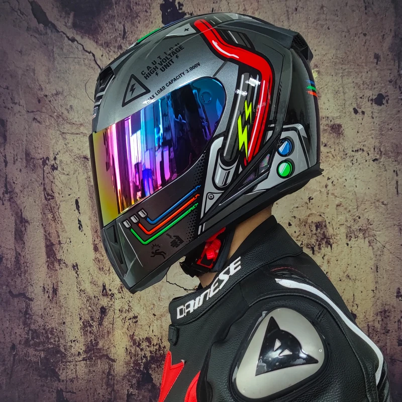 Мотоциклетный шлем защитный на все лицо Радужный в горошек для езды по