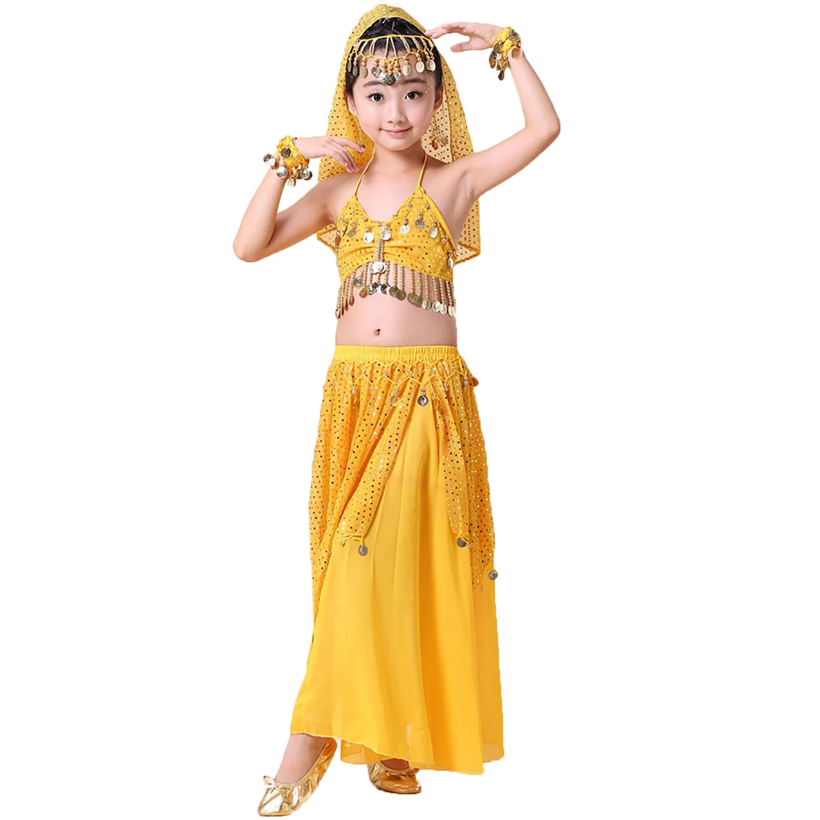 

Kids Girls Belly Dancer Dress Outfit Beads Coins Adorned Vest with Mesh Skirt Veil Headwear and Bracelet Earrings Set Dancewear