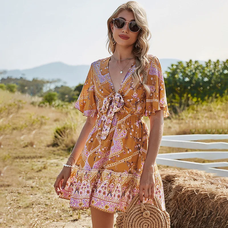 

FAKUNTN Women's Summer Dress 2021 Sexy Deep V-Neck A-Line Short Mini Dresses Printing Boho Beach Casual Short Sleeve Dress Women