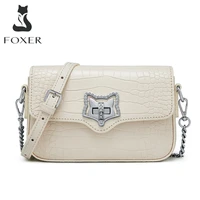 foxer summer leather crocodile grain messenger bag woman fashion all match shoulder bag high quality chain girl mini square bag