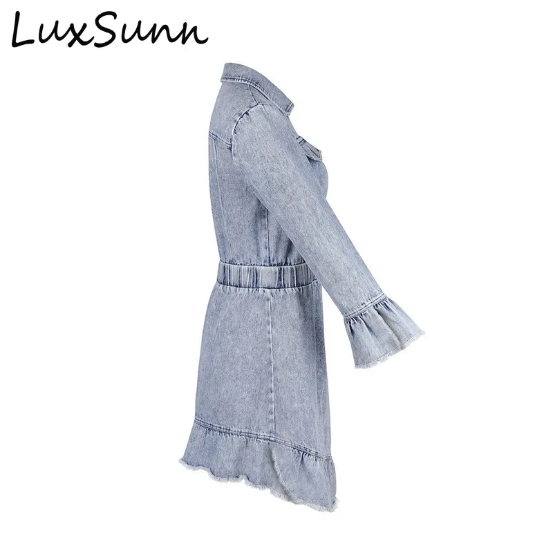 

Women's Solid Color Elastic Waist Tasseled Plush Size Buttoned Lapel Denim Dress