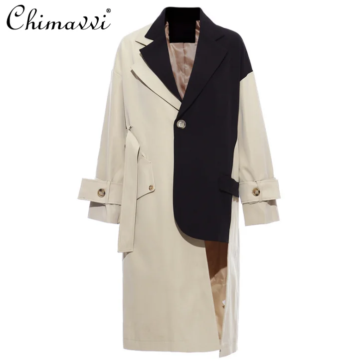 

Women's Autumn Windbreaker 2021 Autumn Winter Loose Stitching Contrast Color Long Trenchcoat Long Sleeve Elegant Outerwear