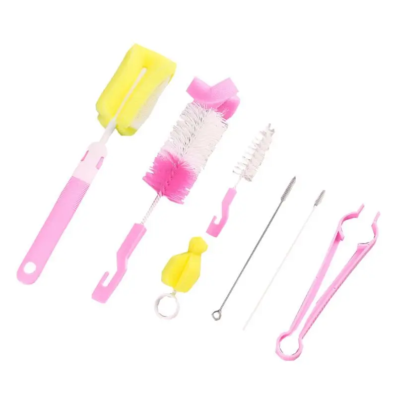 Pink 7 шт соска для детской бутылки набор щеточек губка нейлоновая Чистящая Щетка Набор для бутылок/чашек/соломы - Color: Pink