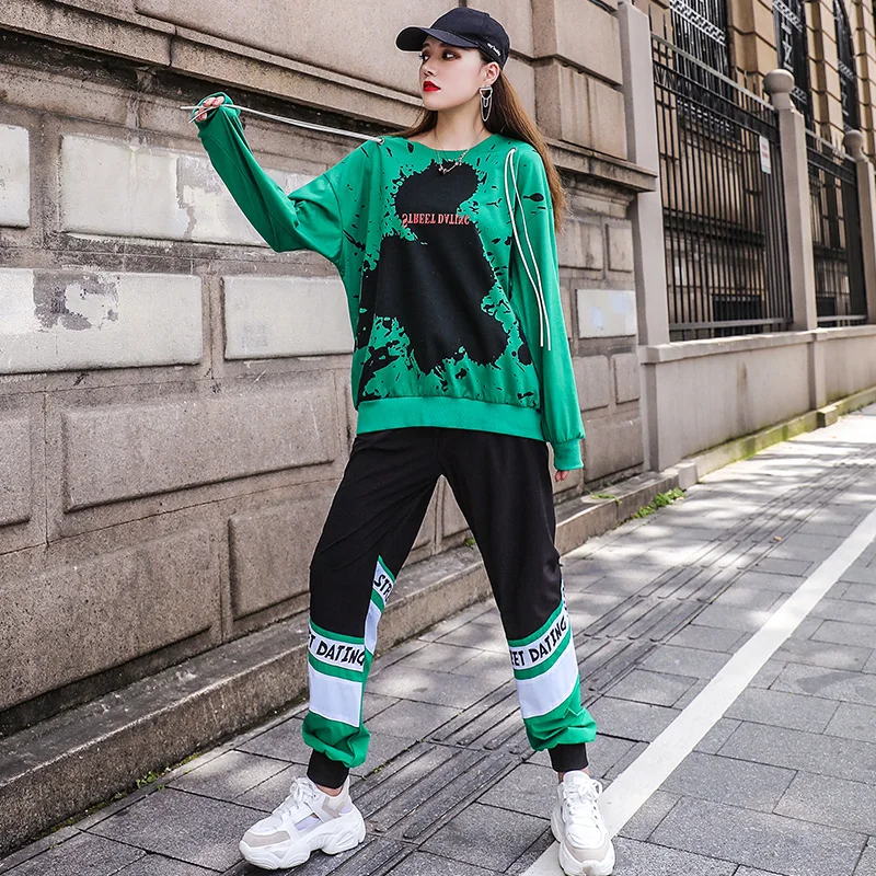 Женский спортивный костюм в стиле хип хоп Повседневный хлопковый из двух