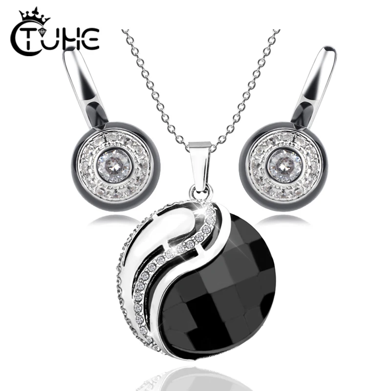 Мода YinYang Круглый круглый керамический ювелирный набор для женщин никогда не выцветает здоровые серьги-гвоздики из керамики женское ожерелье с подвеской