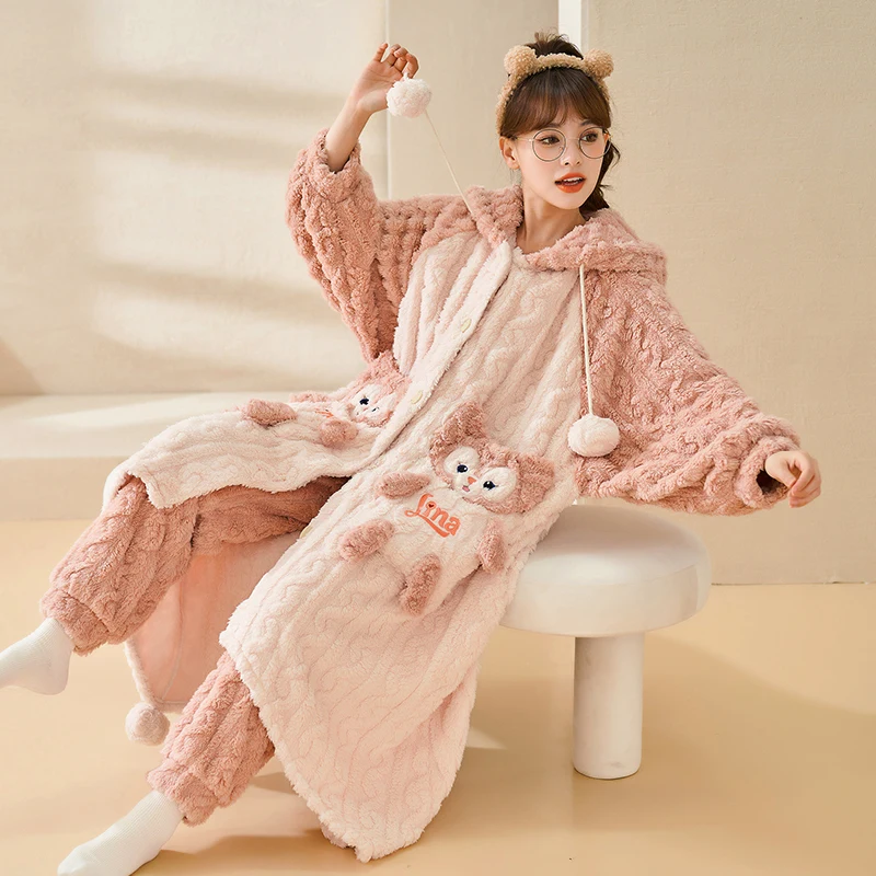

New High Quality LinaBell Winter Warm Flannel Pyjamas Sets Women Thick Coral Long Sleeve Sleepwear Thin Flannel Pajamas Set -40
