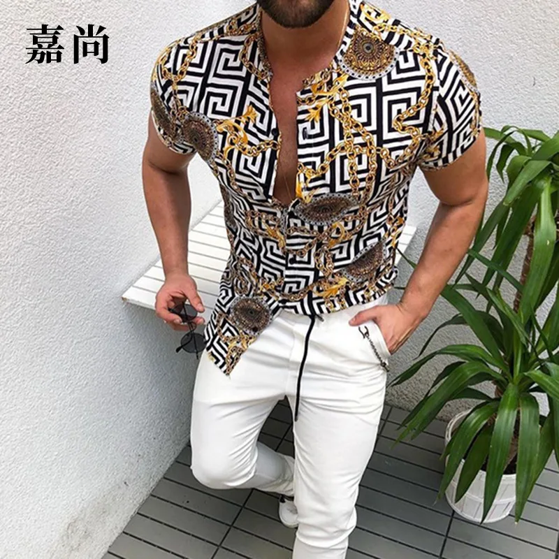 

2020 summer new European and American men's printed shirt cardigan short-sleeved shirt men