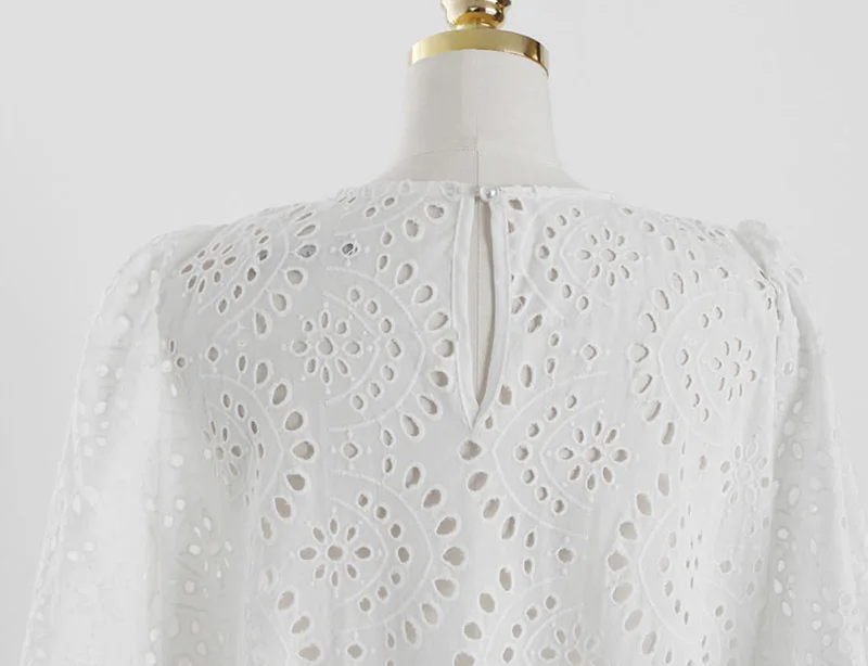

VGH Hollow Out Elegant Women Dress O Neck Half Sleeve High Waist Midi White Dresses Female 2020 Summer Fashion New Tide Clothing