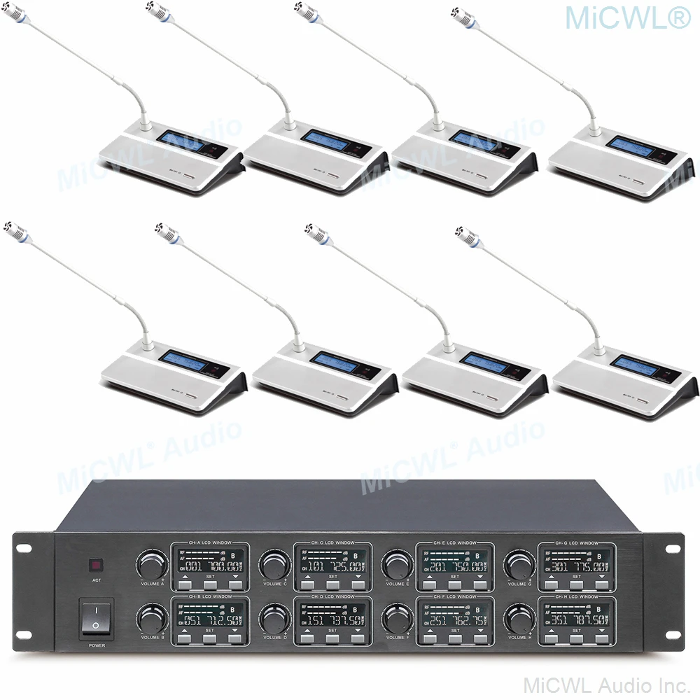 Беспроводная цифровая конференц-система High-end для переговорной комнаты с 8 настольными гусиными микрофонами и кнопкой отключения звука.