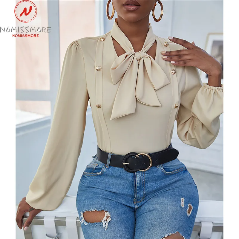 

Elegant Women Solid Color Chiffon Blouse Double Breasted Design Bow Decor Stand Collar Long Sleeve Spring Autumn Slim Thin Top