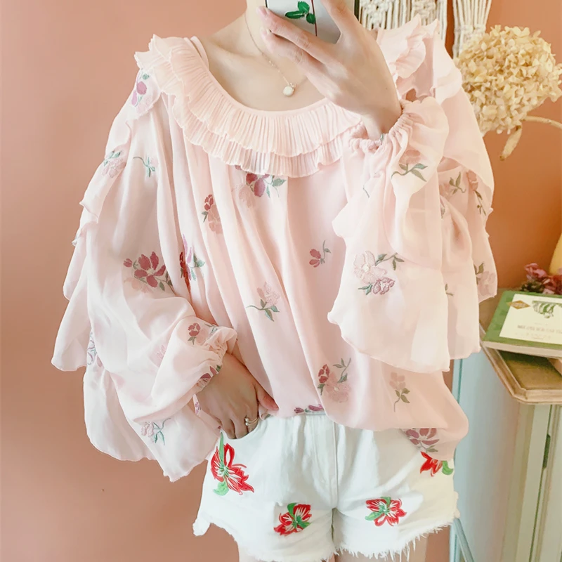 Blouses Spring Summer Korean Sweet Cute Mori Girl Style Embroidery Floral Chiffon Shirts Autumn Casual Loose Women Tops