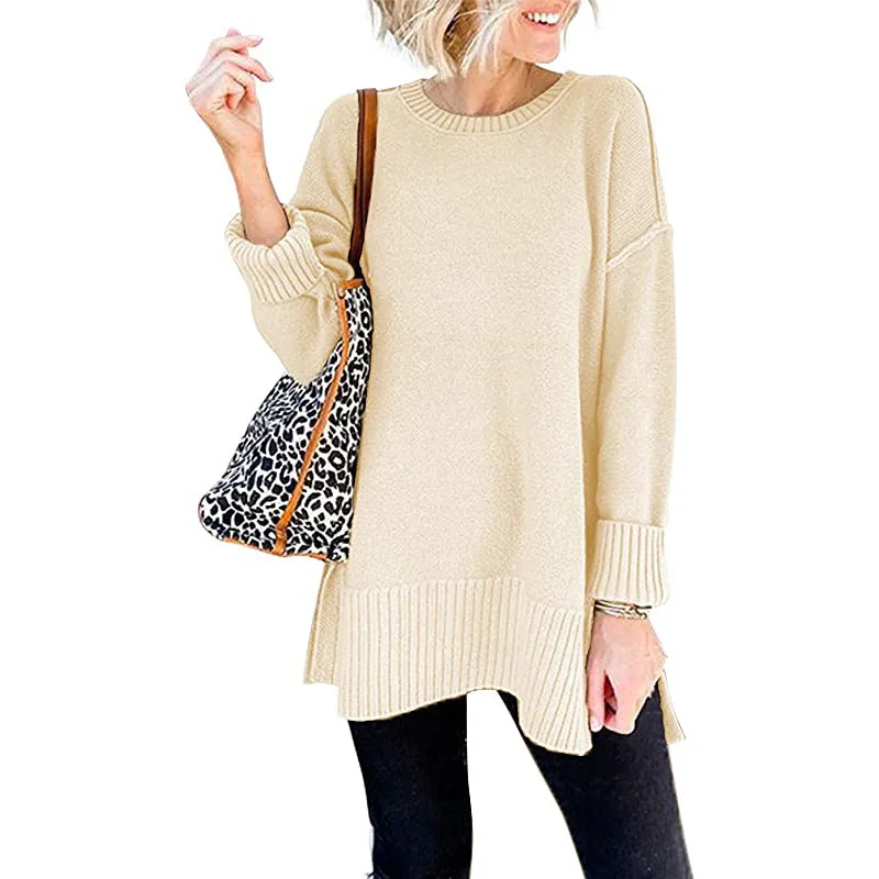 

Autumn Winter Fashion Loose Knitted Sweater Casual Street Female Clothing Solid Slit Office Lady Pullovers Long Sleeve Top Women