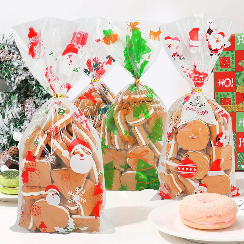 

50Pcs Christmas Gift Bag Transparent Plastic Bags for Presents Candies Cookies Xmas Home/Store Sale Gift Cookies Wrapping Bags