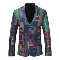 luclesam men ethnic style stitching printing vintage blazer mens casual two buttons dress suit jacket blaser masculino dashiki