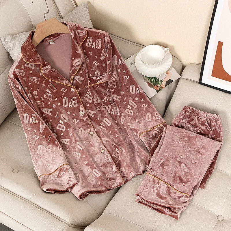 

Pajamas For Women Velvet 2PCS Set Full Sleeve Shirt&pant Spring Autumn Letter Sleepwear Loose Nightwear Velour Sleep Set
