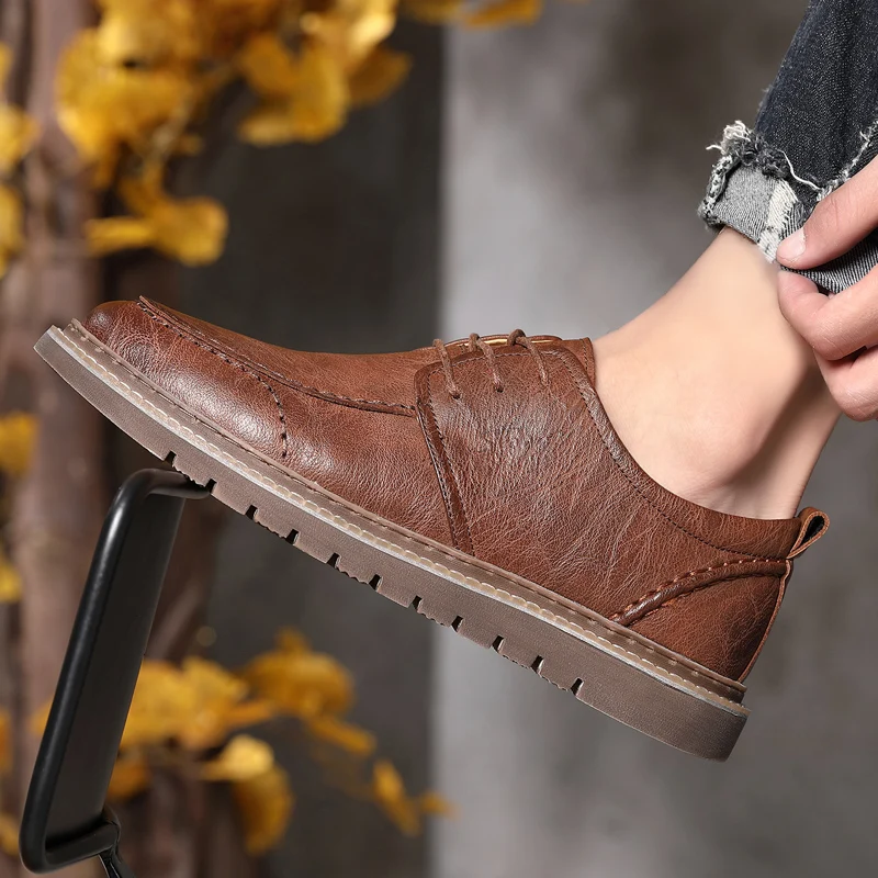 Кроссовки мужские кожаные на шнуровке удобные дышащие Повседневная Молодежная