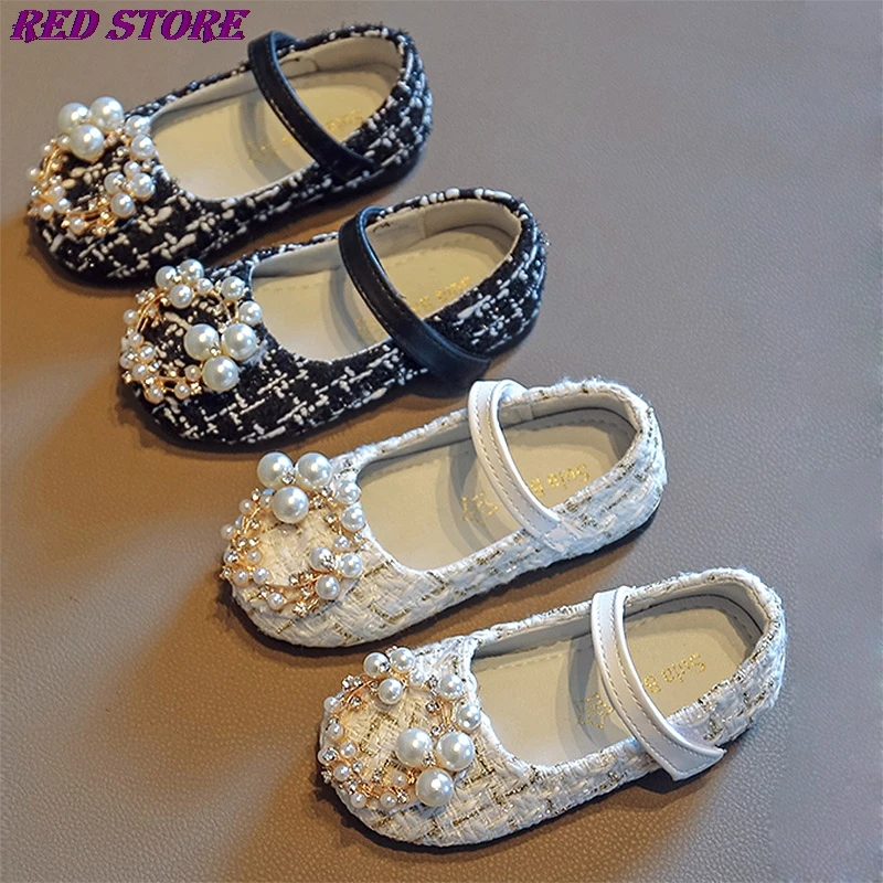 

Girls Shoes Pearls Princess Shoes Costume Tweed Baby Kids Children Mary Janes Shoes Plaid Bead Toddlers Non-slip Spring Autumn