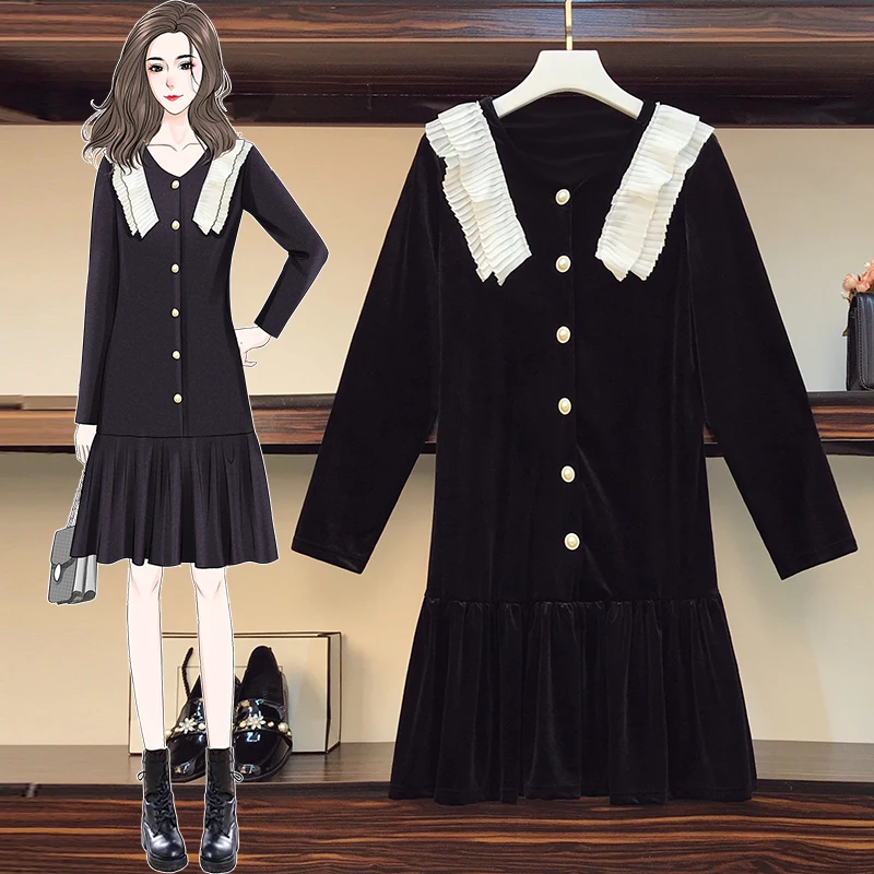 

L-4XL Plus Size Women Black Velvet Dress Spring 2021 Pleated Lace V-neck Long Sleeve Pearl Buttons Loose Casual Ruffle Dresses