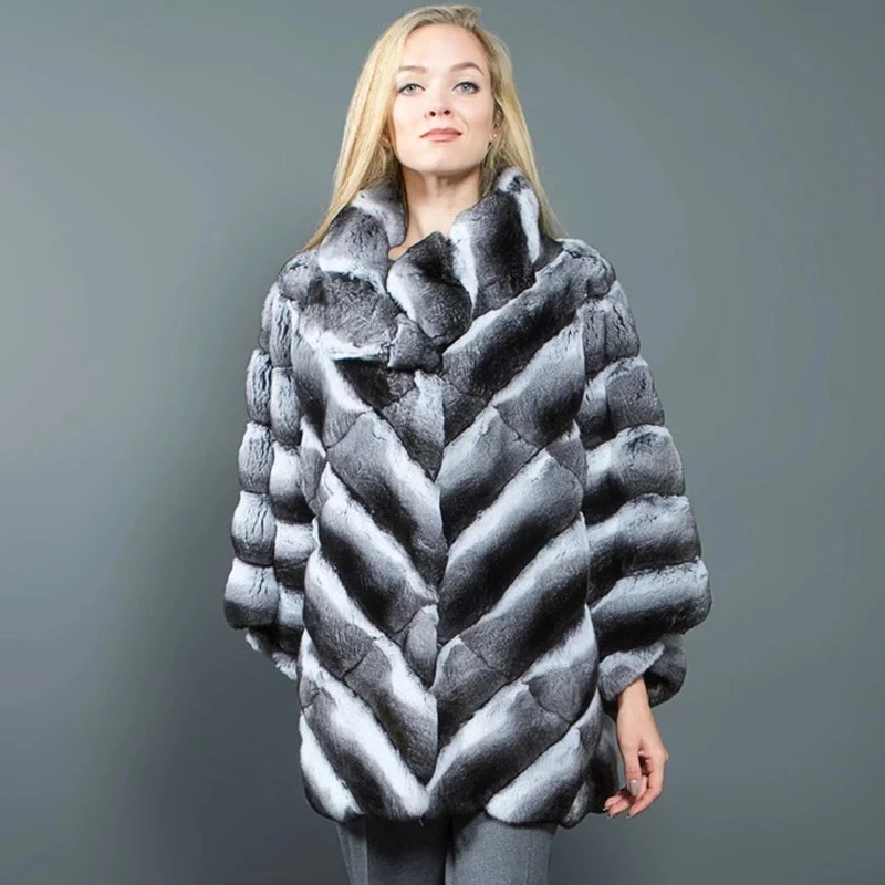 2022 Winter Fashion Real Chinchilla Color Natural Rex Rabbit Fur Coat Stand Collar Whole Skin Genuine Rabbit Fur Jackets Woman
