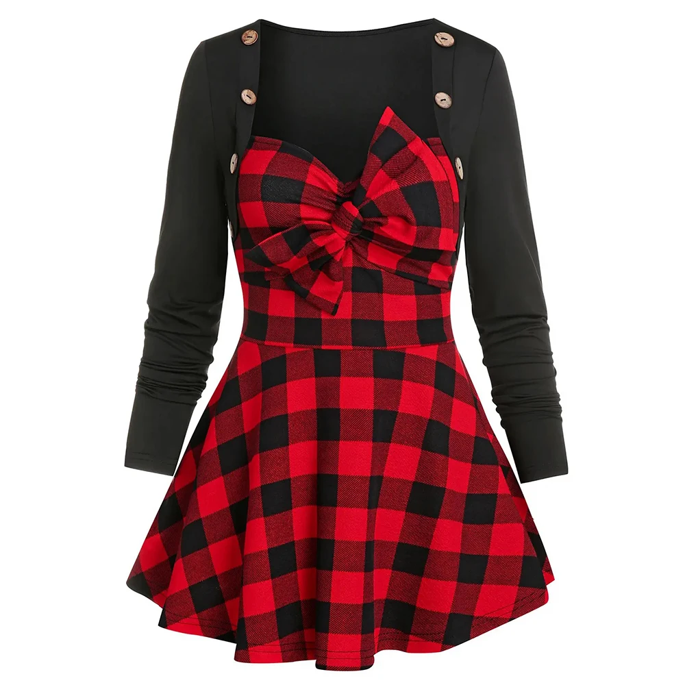 

Christmas Women Long Sleeve T Shirt Square Neck Casual Bow Party Female Slim Fit Tops Elegant Button Pleated Patchwork Pullover
