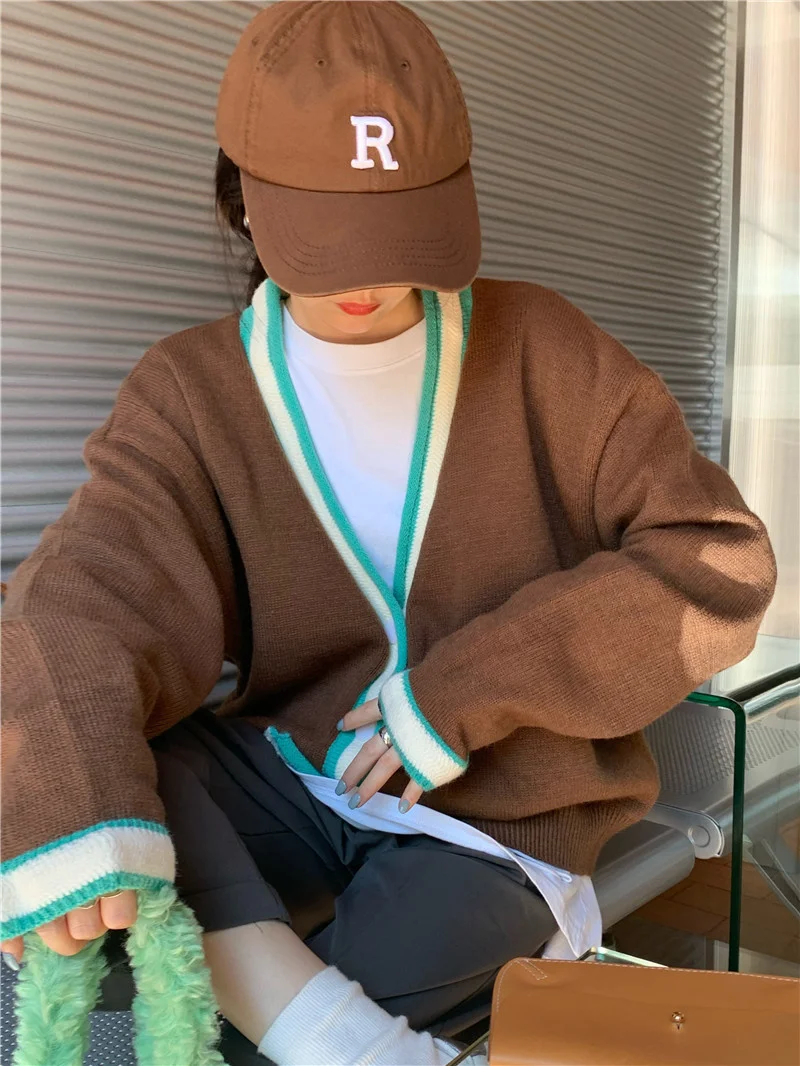Thickened Warm Color Matching V-neck Cardigan Sweater Coat Autumn Winter Casual Loose Long Sleeve Women |