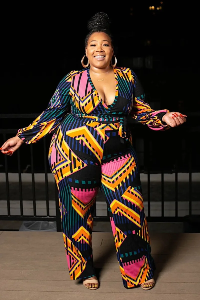 

New Arrivals Women Big Size Striped Printing Two Piece Sets Lady Sexy Deep V-neck Tops High Waist Lace-Up Straight Pants Set