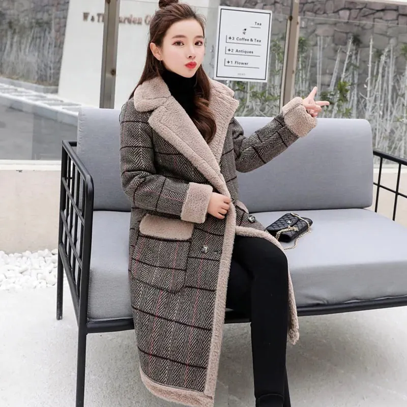 Herringbone pattern Зимняя куртка из плотного хлопка, Женское шерстяное пальто из искусственной овечьей шерсти, повседневное Фланелевое черно-белое клетчатое женское теплое шерстяное длинное пальто, 2XL - Цвет: Herringbone pattern
