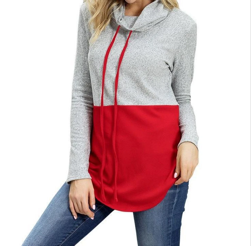 

Contrasting color stitching high neck string long-sleeved women's hoodie casual all-match sports oversize women's pullover