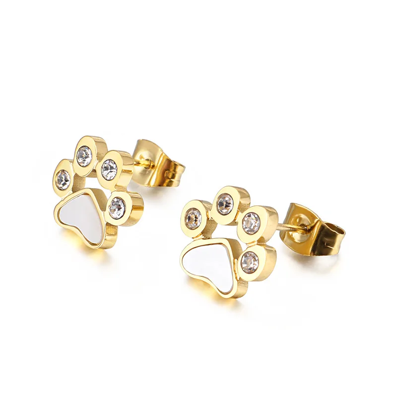 

Korean version of simple animal footprint earrings titanium steel zircon temperament earrings