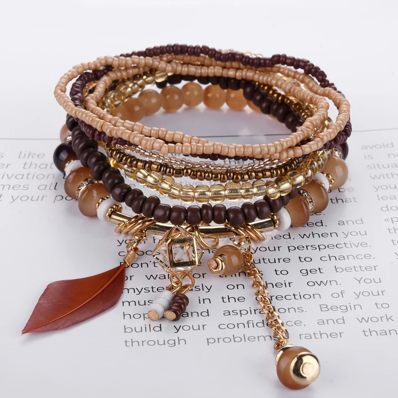 2019 unique Fashion Feather friendship Bracelets &amp Bangles For Women Jewelry Christmas Gift Crystal Beads Boho Bracelet Femme | Украшения