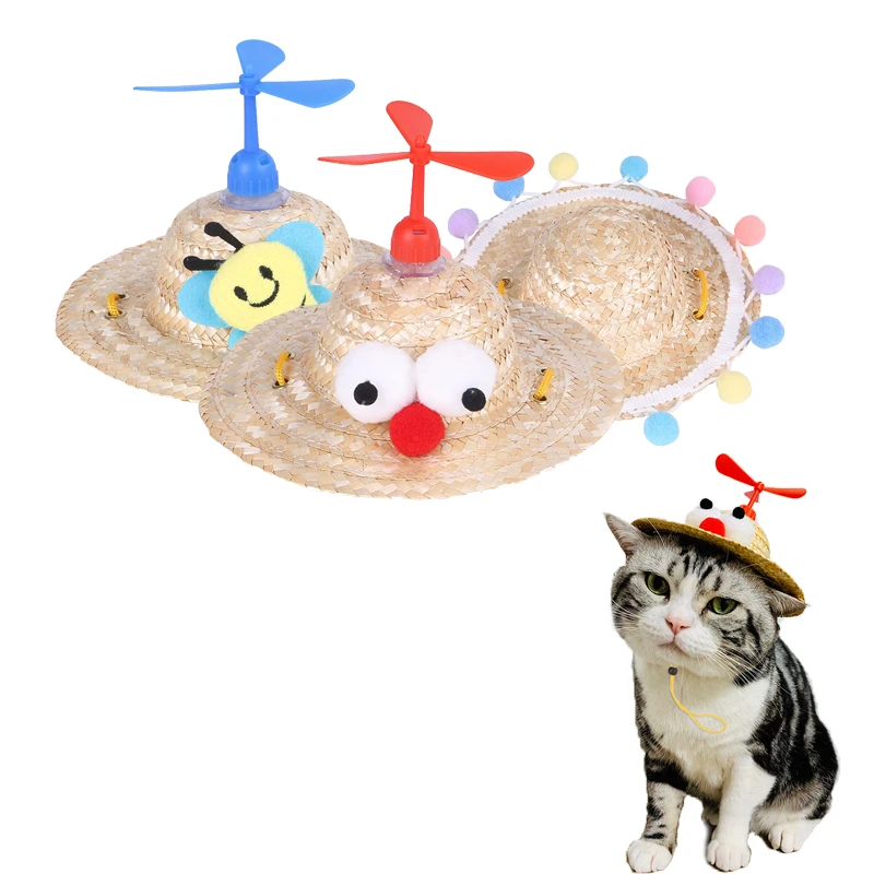 

Pet Straw Hat Fashion Cute Ornaments Bamboo Dragonfly Cat Straw Sun Hat Outdoor Adjustable Drawstring Small and Medium Pet Hat
