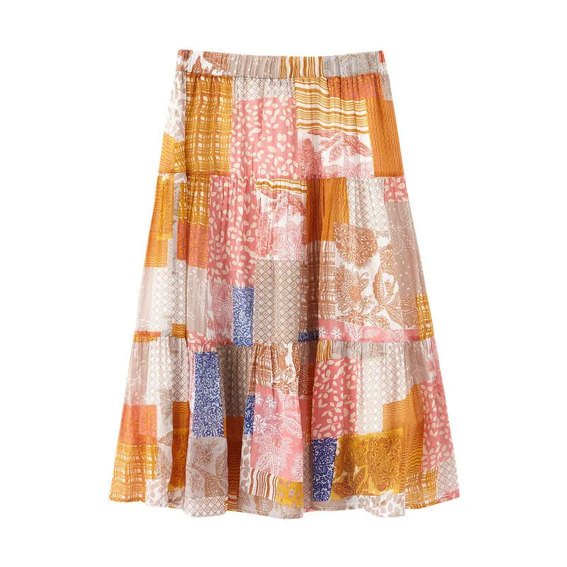 

INMAN Summer Elastic Waist Contrast Color A Line Double Layered Ethnic style Skirt