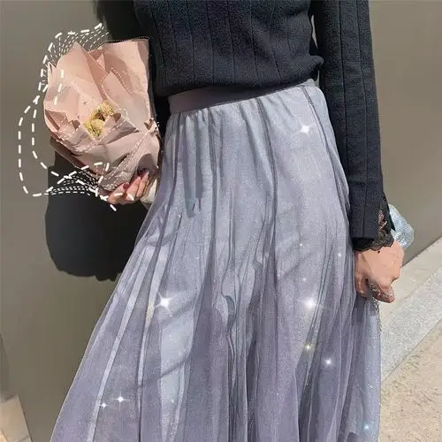 

Spring Autumn Elegant Mesh Pleated A-line High Waist Solid Women Lady Long Skirt