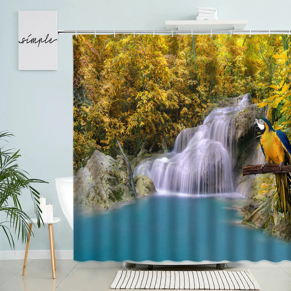 

Forest Waterfall Lake Scenery Shower Curtain Autumn Landscape Bathroom Parrot Bird Yellow Maple Leaf Waterproof Polyester Screen