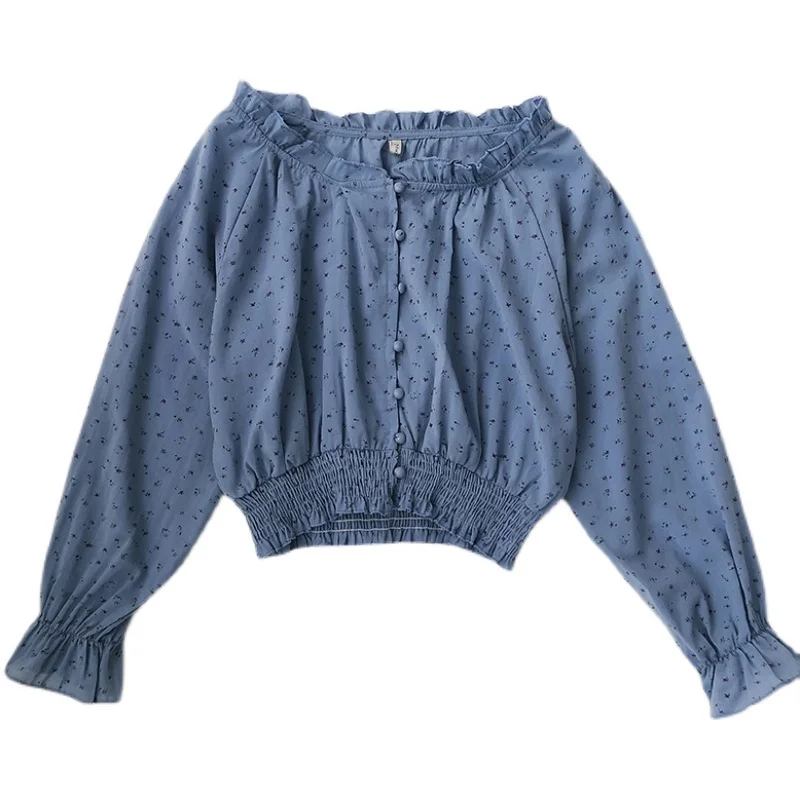 

Kimutomo 2021 Spring Blouse Women Fresh Style Floral Printing Slash Neck Lantern Sleeves Slim Waist Single-breasted Short Shirt