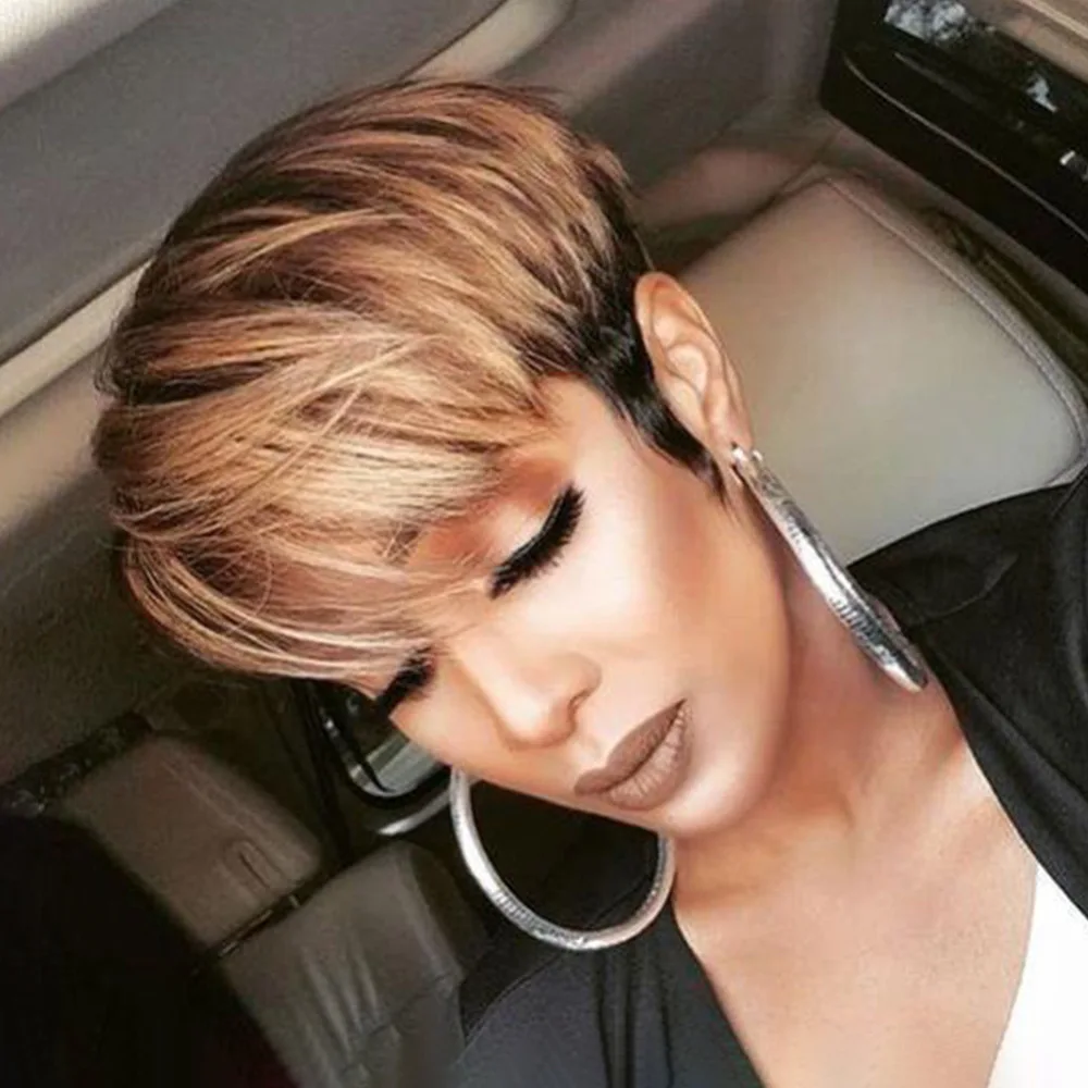 

Mixed Brown Black Ombre Wig Short Pixie Cut Synthetic Wigs for Black Women Side Part Hairstyle Hair Wigs with Bangs Afro