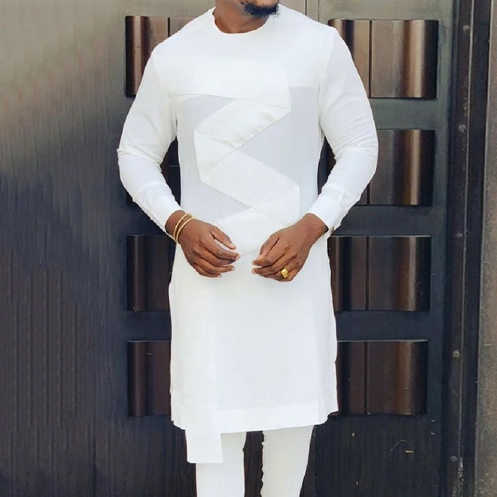

Muslim Mid-length Casual Men's Long Sleeve Print Stitching White Tops African Muslim Male long sleebe men fashion tops tee