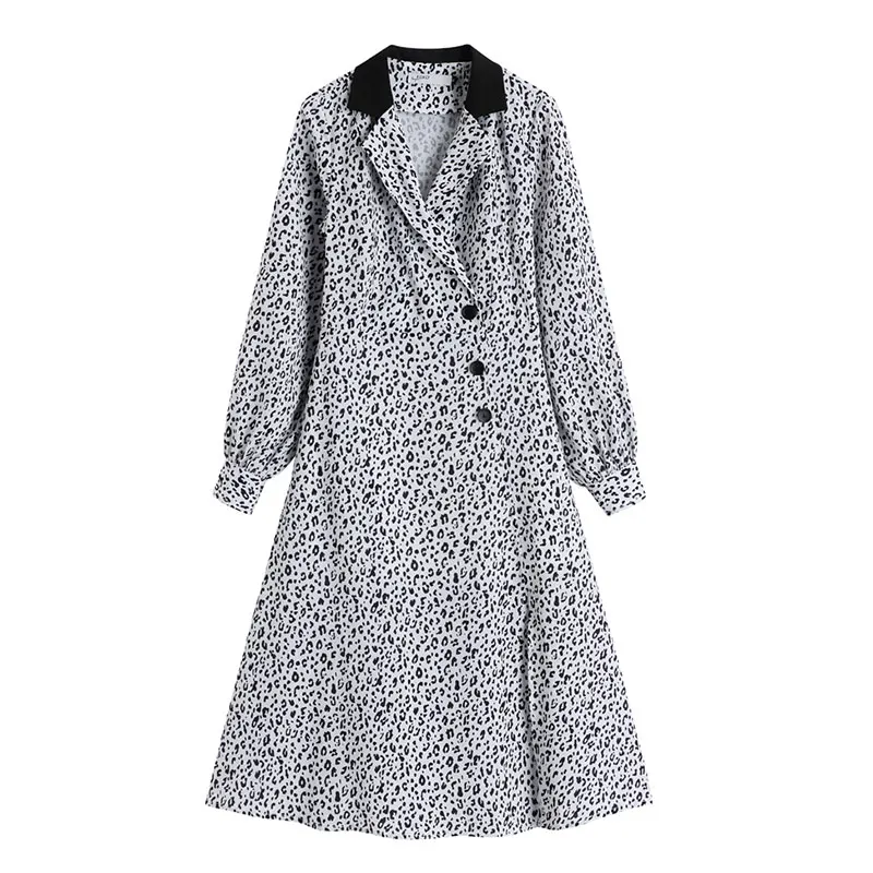 

2021 spring new style split V-neck waist slimming casual long skirt age reduction European and American leopard print dress