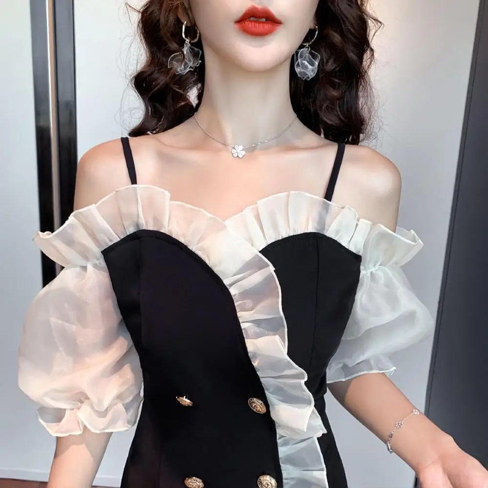 

Small Fragrant Sling Strapless Dress One Shoulder Dress Thin Casual Street Style One Shoulder Small Plaid Splicing Dress Black