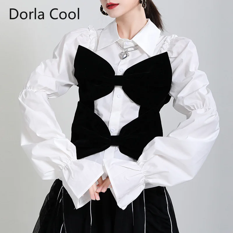 New Designer Blouses For Women Big Bow Patchwork Long Lantern Sleeves Fake Two Pieces Tops Lady's Casual Party Ruffles Shirts