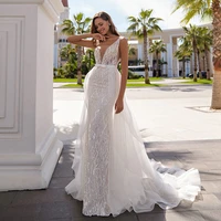 shinny beach wedding dress 2 in 1 detachable train cap sleeves mermaid bridal gown for bride backless charming robe de mariage